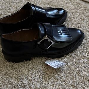 Zara Black Loafers with Fringe and Buckle